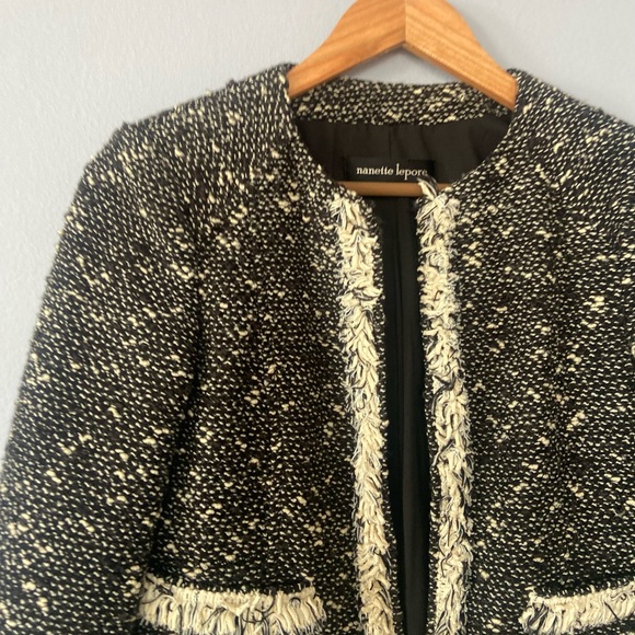 Nanette Lepore Black Speckled Tweed Fringe Blazer Jacket - Picture 4 of 7